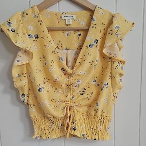 Yellow Floral Ruched Blouse Smocked Waist Ruffle Sleeve Cottagecore Top Size S